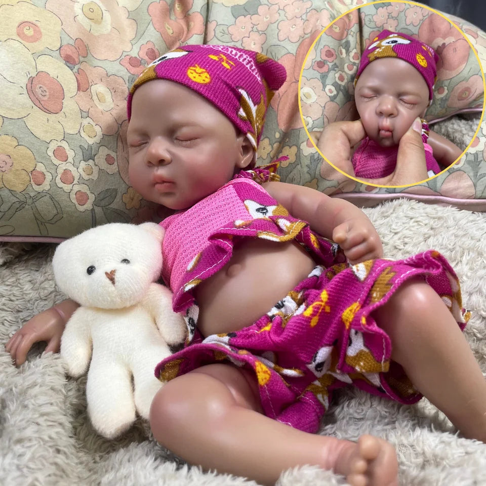 13 Inch Dark Skin African American Girl Reborn Baby Doll, Full Solid Silicone Lifelike Realistic Newborn Doll, Washable Kids Play Toy Christmas Gift