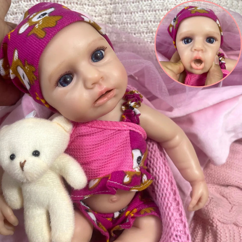 13-Inch Mini Silicone Reborn Baby Girl “LouLou” – Awake, Open Mouth, Lifelike Solid Silicone Doll, Perfect Birthday & Christmas Gift