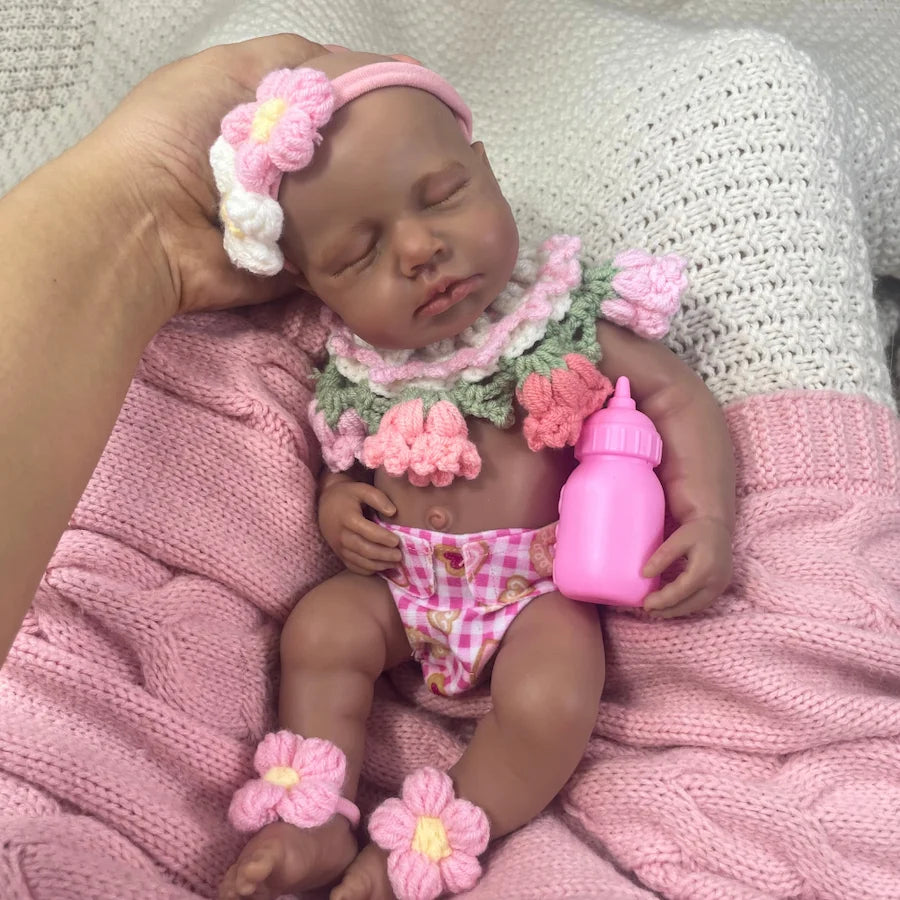 Mini 12" Full Silicone Reborn Baby Doll – Dark Skin African American Girl, Washable Realistic Gift