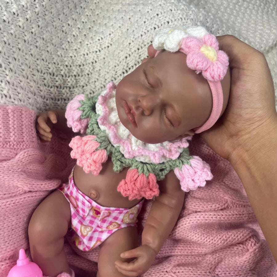 Mini 12" Full Silicone Reborn Baby Doll – Dark Skin African American Girl, Washable Realistic Gift