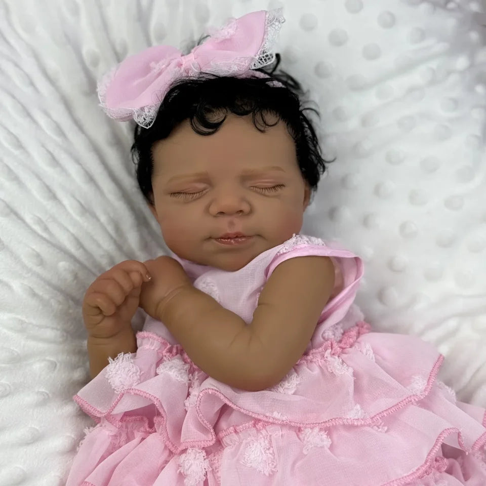 19" Pascale Dark-Skin Reborn Sleeping Baby – Soft Cloth Body, 3D Multi-Layer Painted Skin & Hand-Rooted Curly Hair