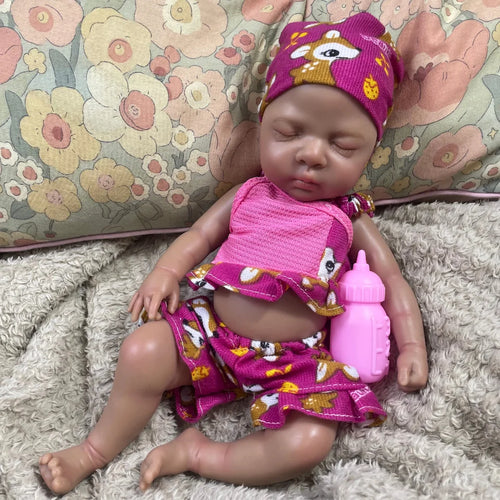 13" Luna Dark-Skin Silicone Reborn Baby Doll – African American Girl, Full Solid Silicone, Washable, Perfect Christmas Gift