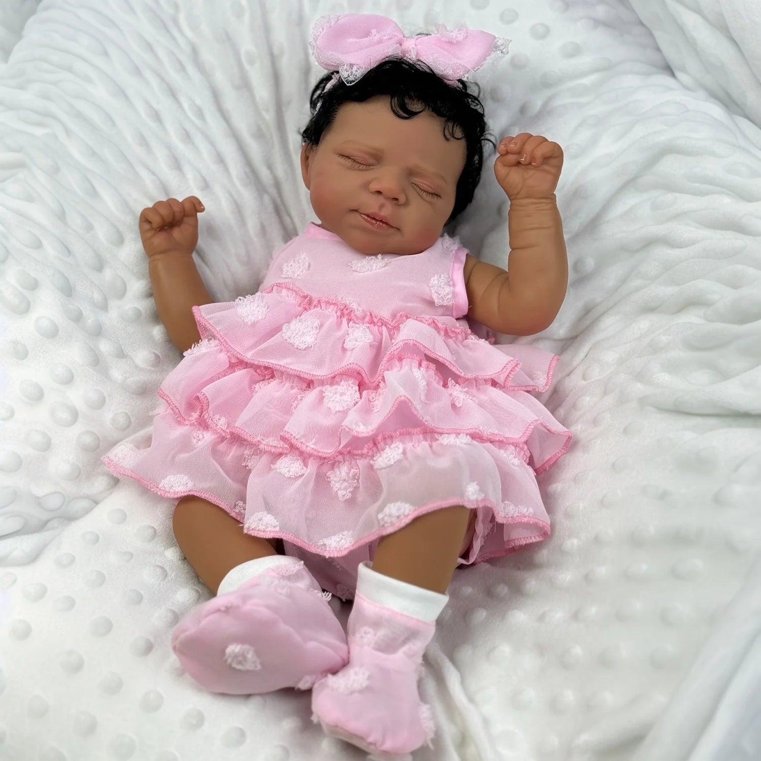 19" Pascale Dark-Skin Reborn Sleeping Baby – Soft Cloth Body, 3D Multi-Layer Painted Skin & Hand-Rooted Curly Hair