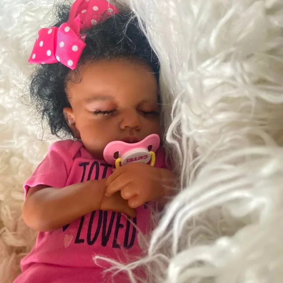 50cm LouLou Sleeping African American Reborn Baby Girl – Finished Newborn Doll with Dark Skin & Hand-Rooted Hair, Perfect Christmas Gift