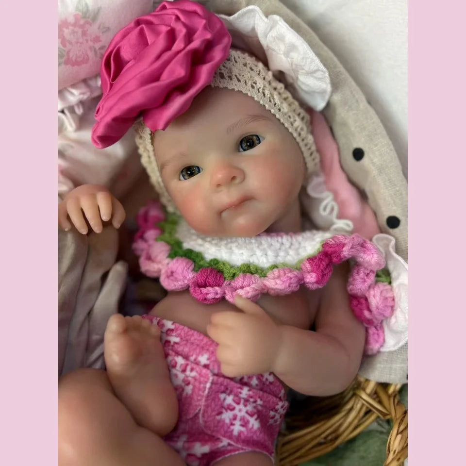 13-Inch Bettie Reborn Baby Girl – Solid Silicone, Open Mouth, Painted Skin, Handmade Newborn Doll