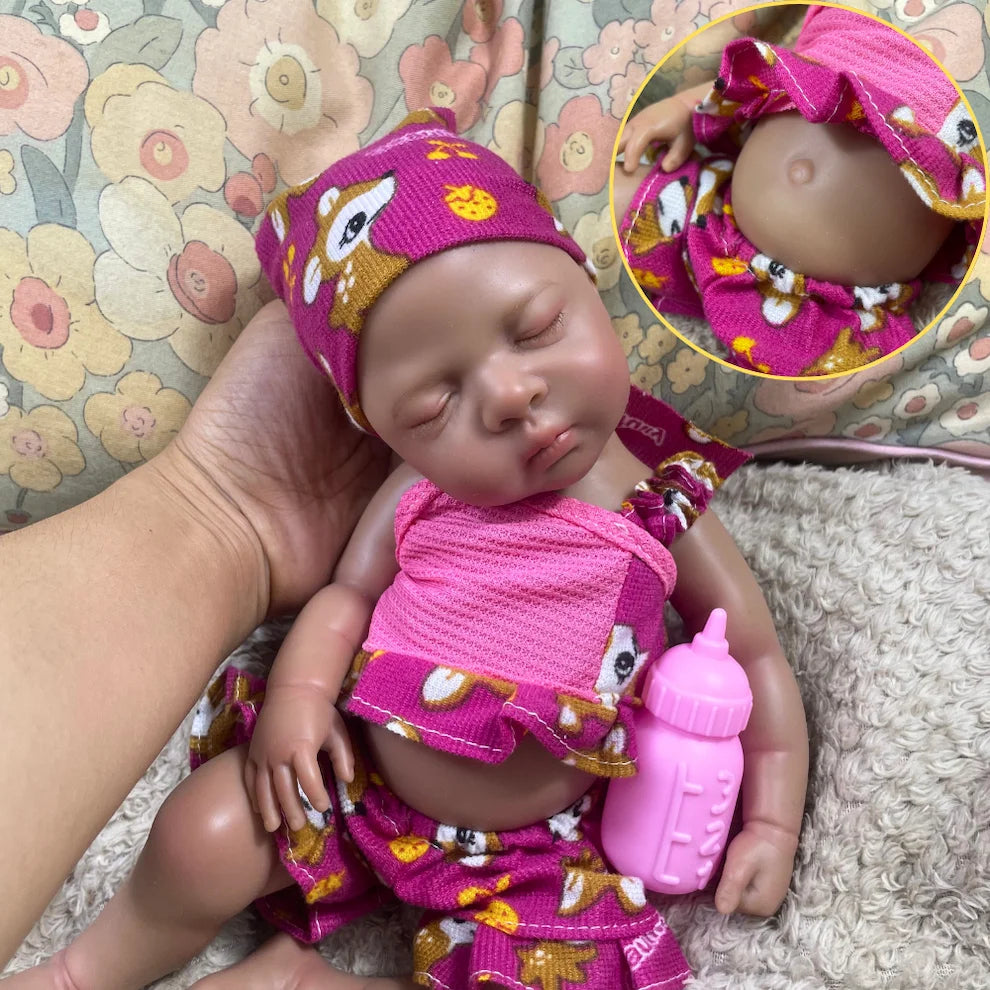 13" Luna Dark-Skin Silicone Reborn Baby Doll – African American Girl, Full Solid Silicone, Washable, Perfect Christmas Gift