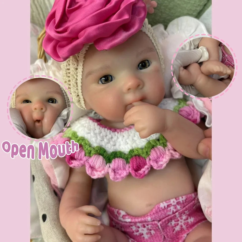 13-Inch Bettie Reborn Baby Girl – Solid Silicone, Open Mouth, Painted Skin, Handmade Newborn Doll