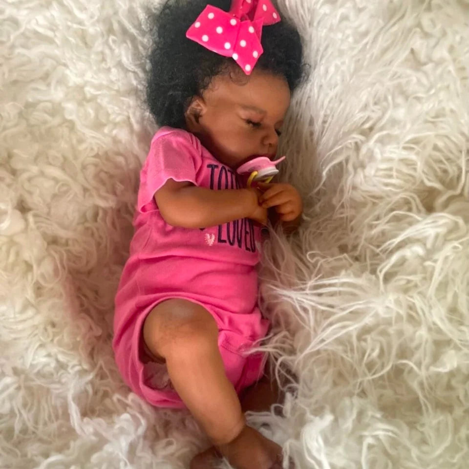 50cm LouLou Sleeping African American Reborn Baby Girl – Finished Newborn Doll with Dark Skin & Hand-Rooted Hair, Perfect Christmas Gift