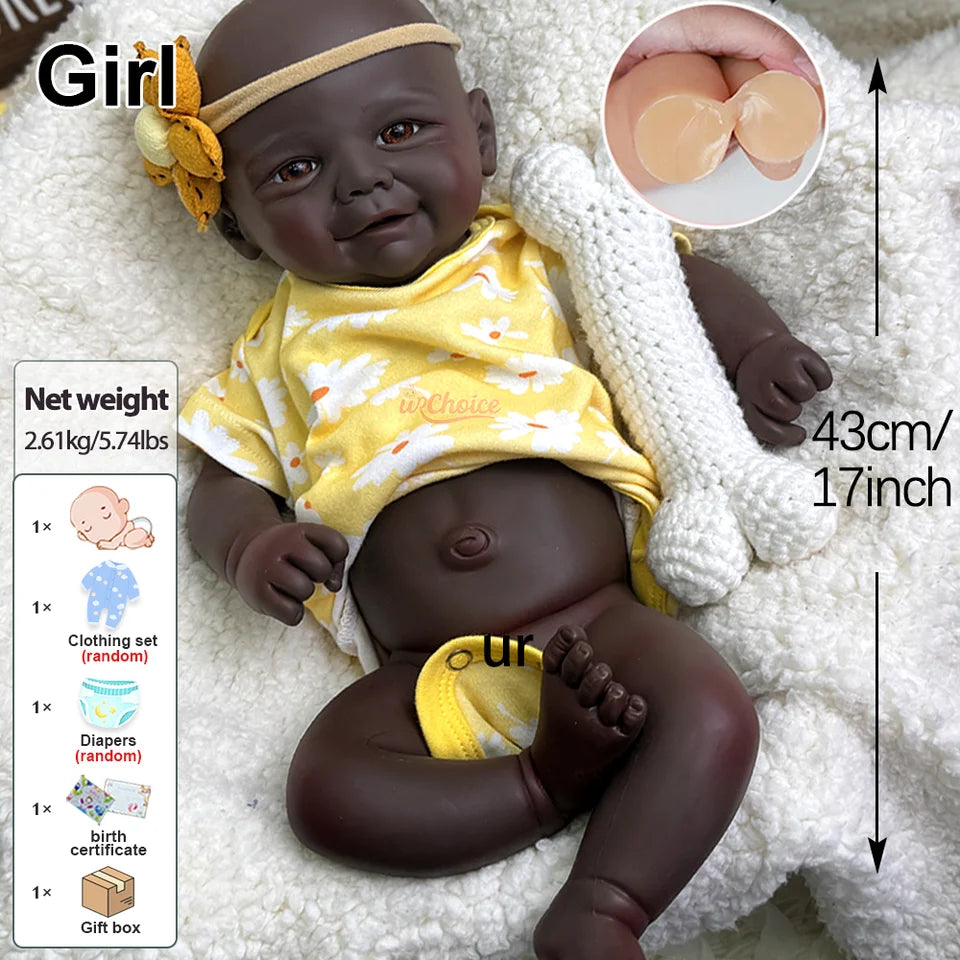 17" Realistic Black Full Silicone Reborn Doll – Vivienne with Soft Flexible Body and Angelic Smile, Perfect for Collector Display