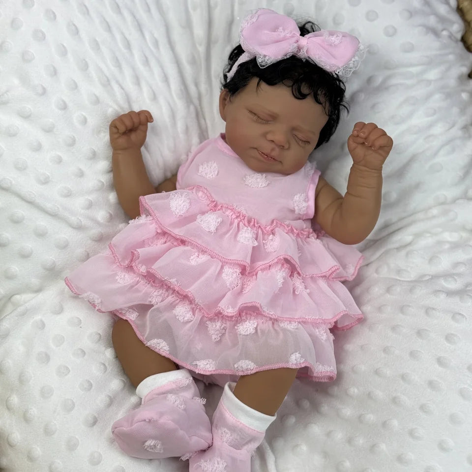 19" Pascale Dark-Skin Reborn Sleeping Baby – Soft Cloth Body, 3D Multi-Layer Painted Skin & Hand-Rooted Curly Hair