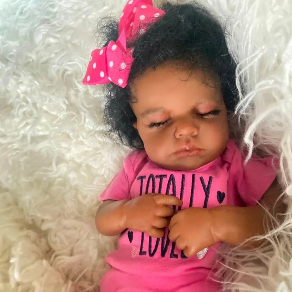 50cm LouLou Sleeping African American Reborn Baby Girl – Finished Newborn Doll with Dark Skin & Hand-Rooted Hair, Perfect Christmas Gift