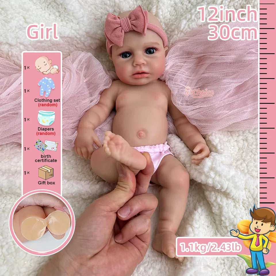 12" Realistic Silicone Reborn Baby Doll – Soft Rebirth Girl with Hand-Rooted Hair, Perfect for Artists, Collectors & Gift Model