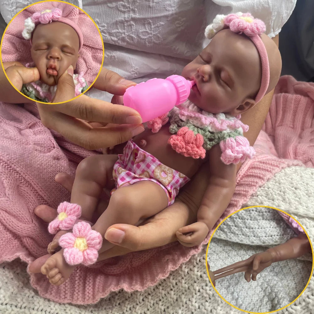 Mini 12" Full Silicone Reborn Baby Doll – Dark Skin African American Girl, Washable Realistic Gift