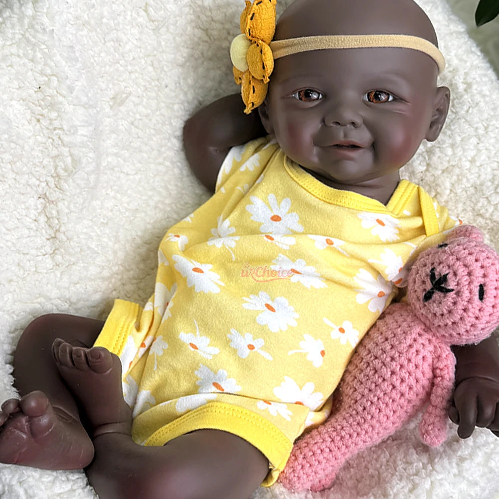 17" Realistic Black Full Silicone Reborn Doll – Vivienne with Soft Flexible Body and Angelic Smile, Perfect for Collector Display