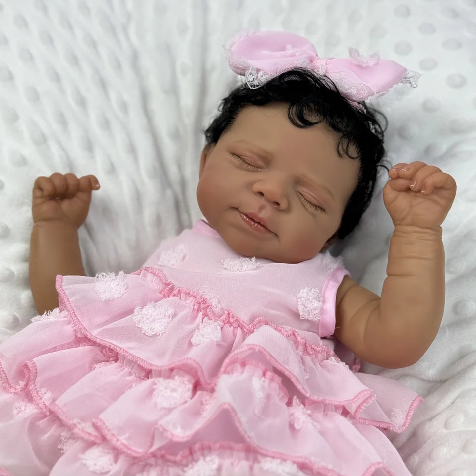19" Pascale Dark-Skin Reborn Sleeping Baby – Soft Cloth Body, 3D Multi-Layer Painted Skin & Hand-Rooted Curly Hair