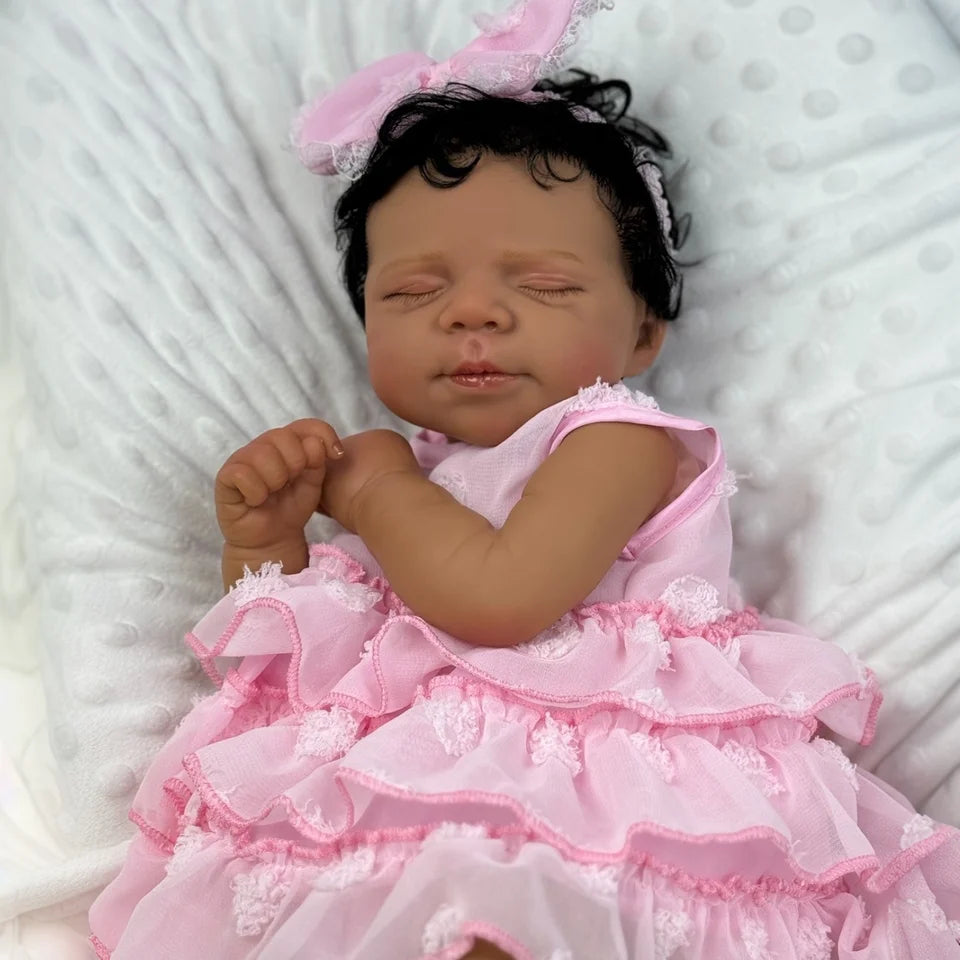 19" Pascale Dark-Skin Reborn Sleeping Baby – Soft Cloth Body, 3D Multi-Layer Painted Skin & Hand-Rooted Curly Hair
