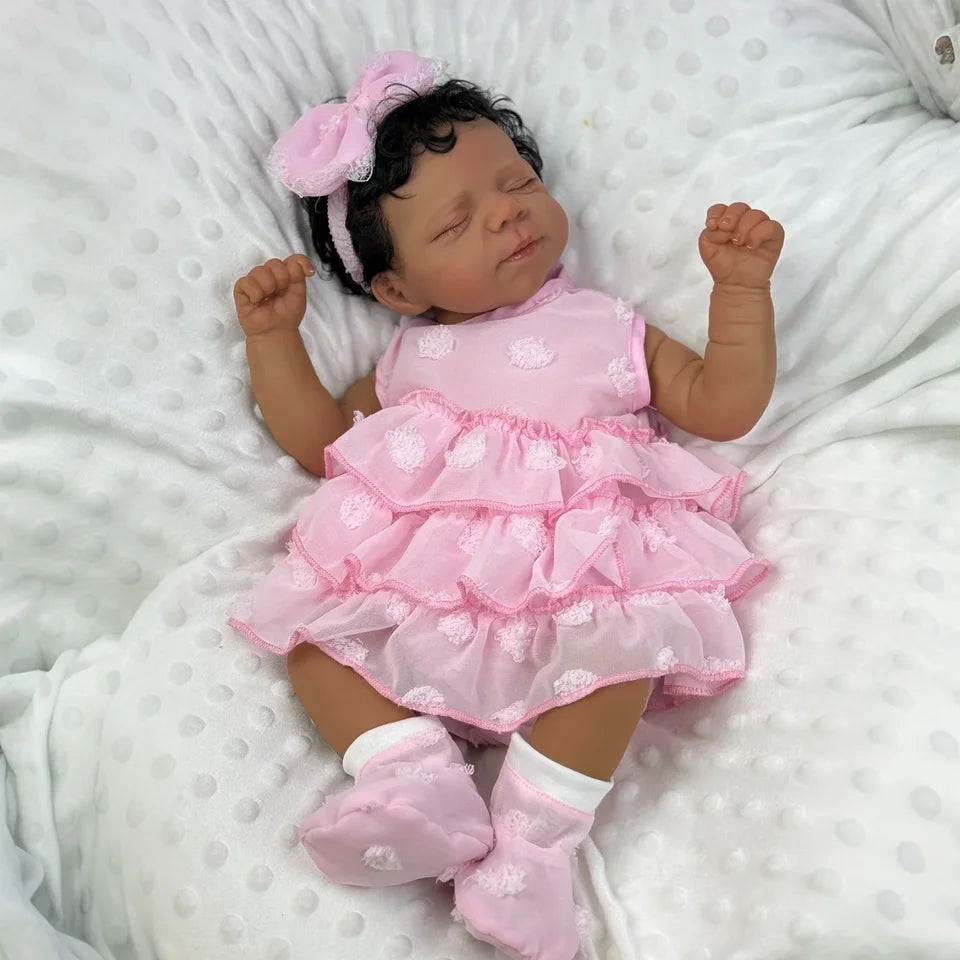19" Pascale Dark-Skin Reborn Sleeping Baby – Soft Cloth Body, 3D Multi-Layer Painted Skin & Hand-Rooted Curly Hair