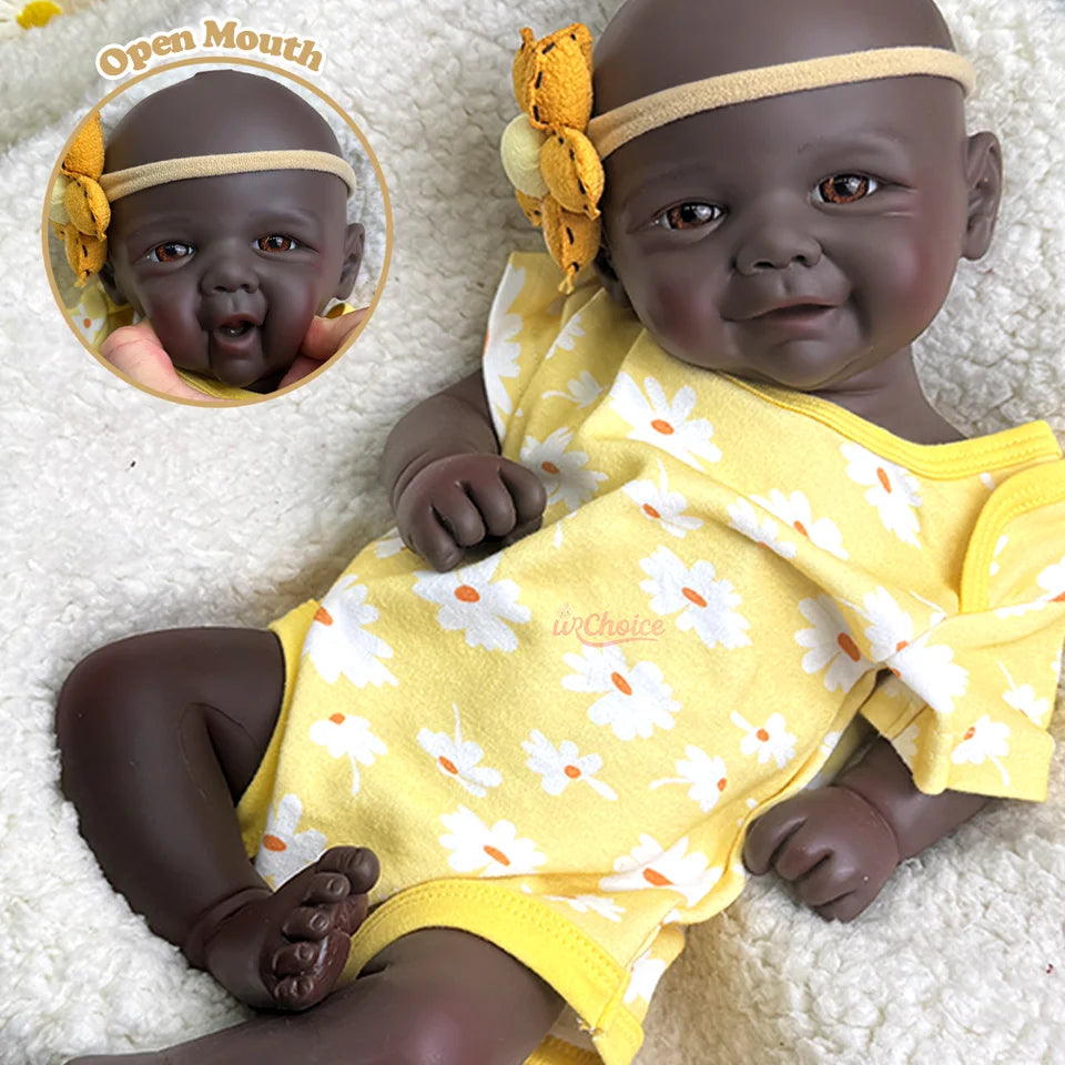 17" Realistic Black Full Silicone Reborn Doll – Vivienne with Soft Flexible Body and Angelic Smile, Perfect for Collector Display