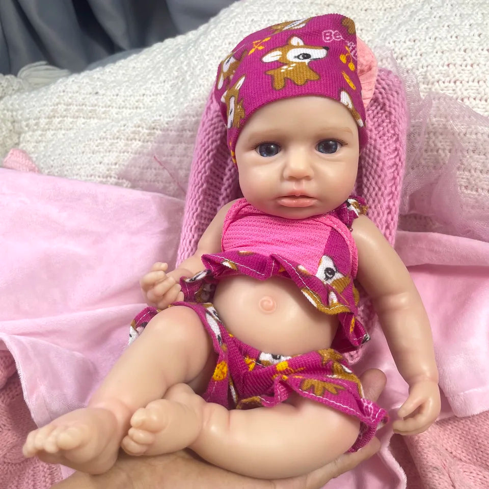 13-Inch Mini Silicone Reborn Baby Girl “LouLou” – Awake, Open Mouth, Lifelike Solid Silicone Doll, Perfect Birthday & Christmas Gift