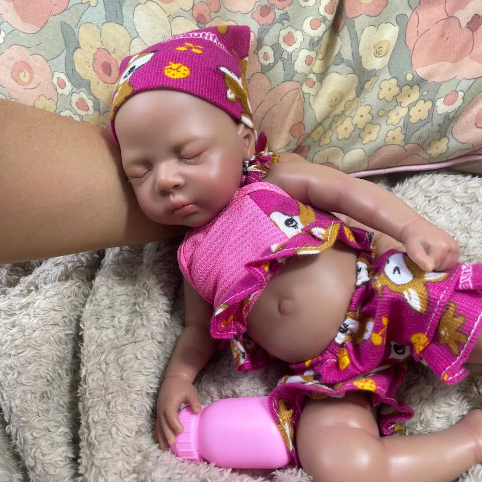 13 Inch Dark Skin African American Girl Reborn Baby Doll, Full Solid Silicone Lifelike Realistic Newborn Doll, Washable Kids Play Toy Christmas Gift