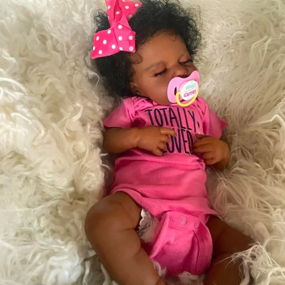 50cm LouLou Sleeping African American Reborn Baby Girl – Finished Newborn Doll with Dark Skin & Hand-Rooted Hair, Perfect Christmas Gift