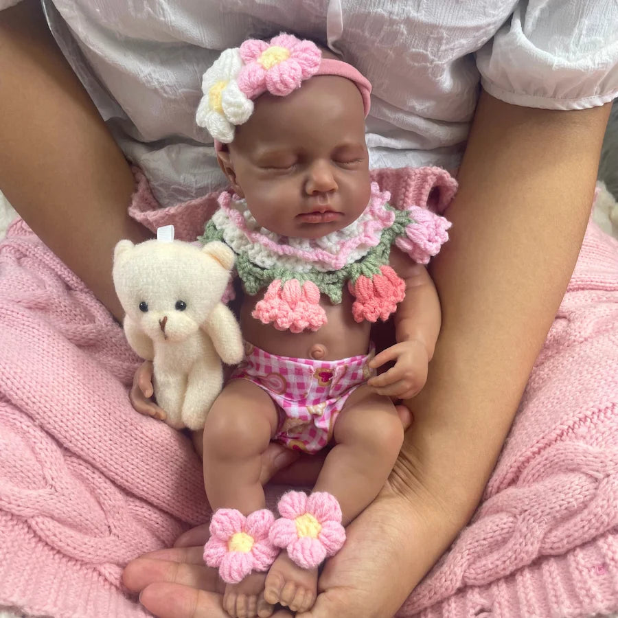 Mini 12" Full Silicone Reborn Baby Doll – Dark Skin African American Girl, Washable Realistic Gift