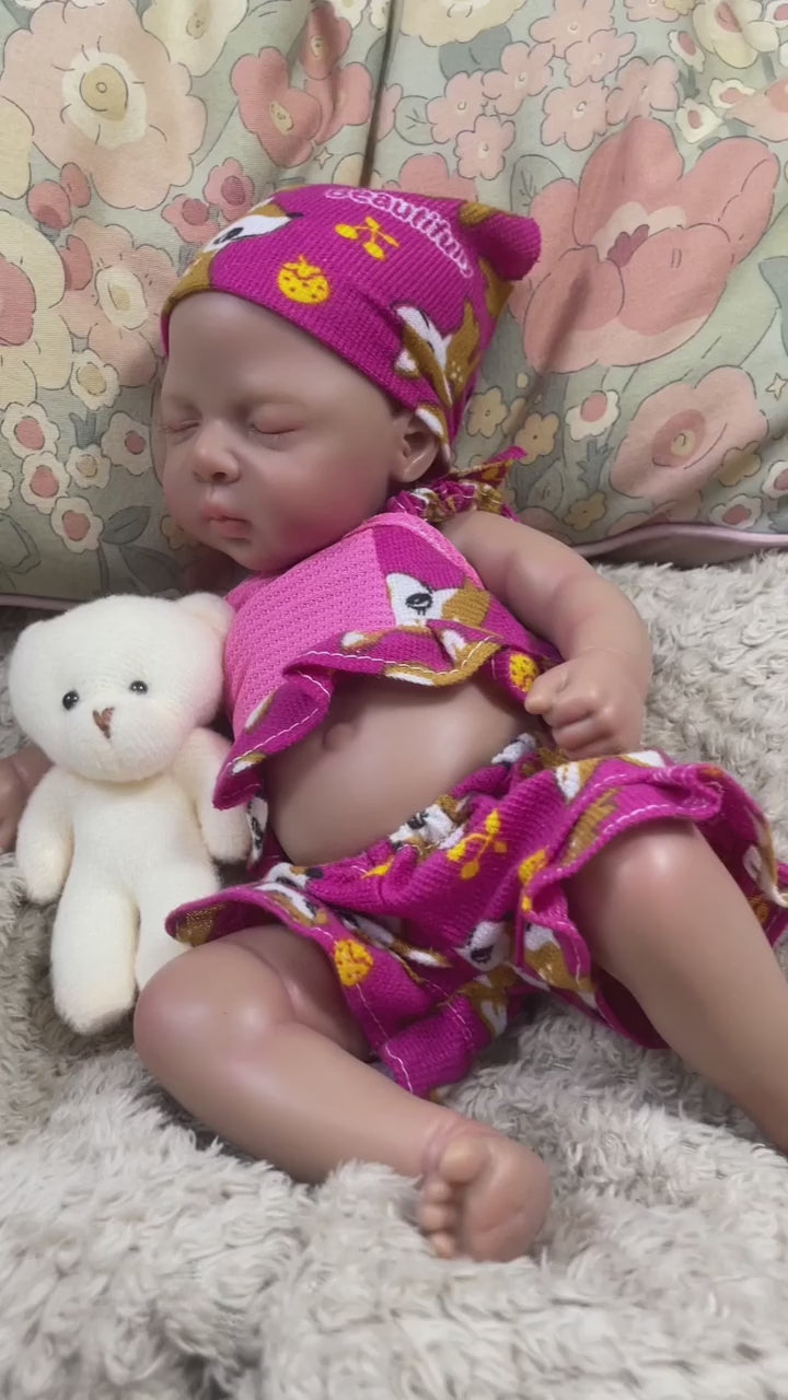 13 Inch Dark Skin African American Girl Reborn Baby Doll, Full Solid Silicone Lifelike Realistic Newborn Doll, Washable Kids Play Toy Christmas Gift